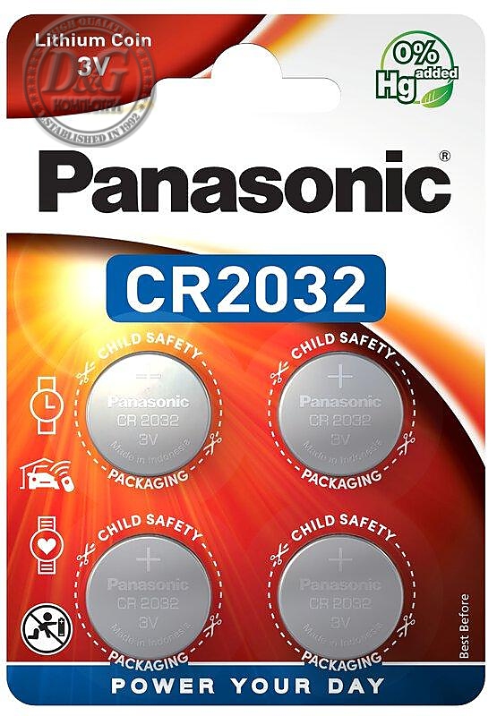 Бутонна батерия литиева PANASONIC CR2032, 3V, 4 бр. в блистер /цена за 4 бр./