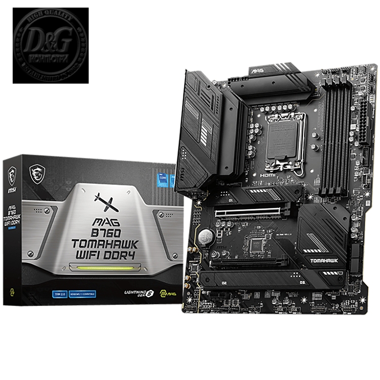 MSI MAG B760 TOMAHAWK WIFI DDR4, ATX, Socket 1700, Dual Channel DDR4 5333(OC)MHz, 2x PCIe x16 slots, 3x M.2 slots, 1x HDMI, 1x DP, 1x USB 3.2 Gen 2x2 Type-C, 4x USB 3.2 Gen 2, 4x USB 2.0, 7.1 HD Audio, 2.5Gbps LAN, WI-FI 6E, BT, 3Y