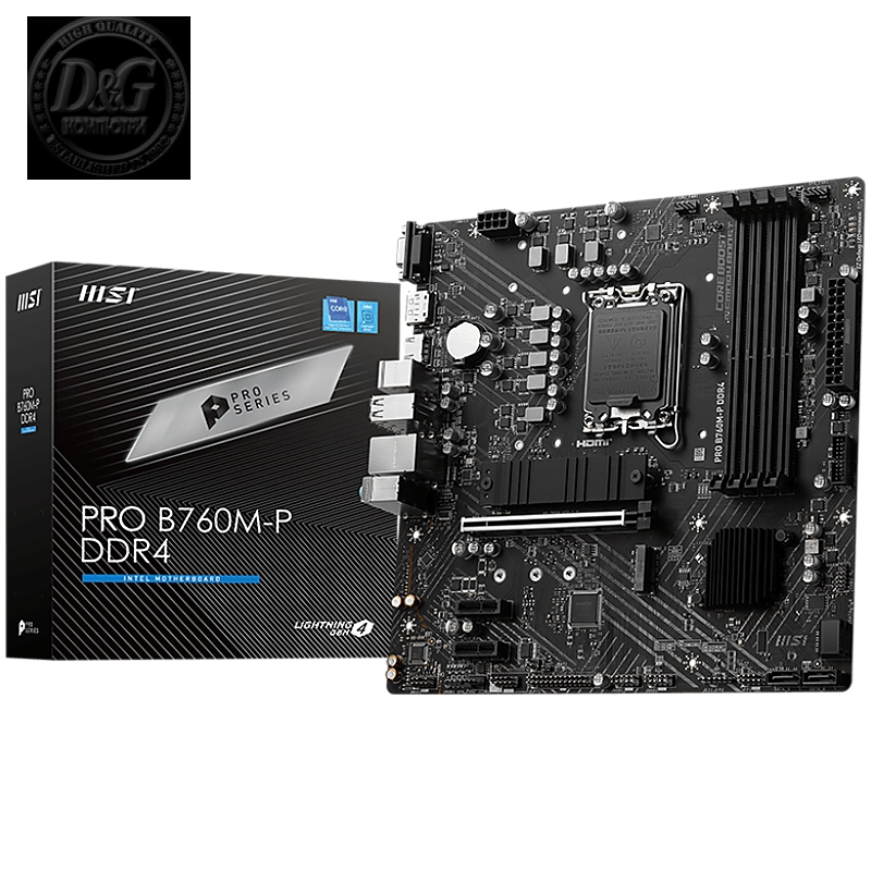 MSI PRO B760M-P DDR4, mATX, Socket 1700, Dual Channel DDR4 4800(OC)MHz, 1x PCIe x16 slots, 2x M.2 slots, 1x HDMI, 1x DP, 1x VGA, 1x USB 3.2 Gen 2 Type-C, 1x USB 3.2 Gen 1, 4x USB 2.0, 7.1 HD Audio, 1Gbps LAN, 3Y