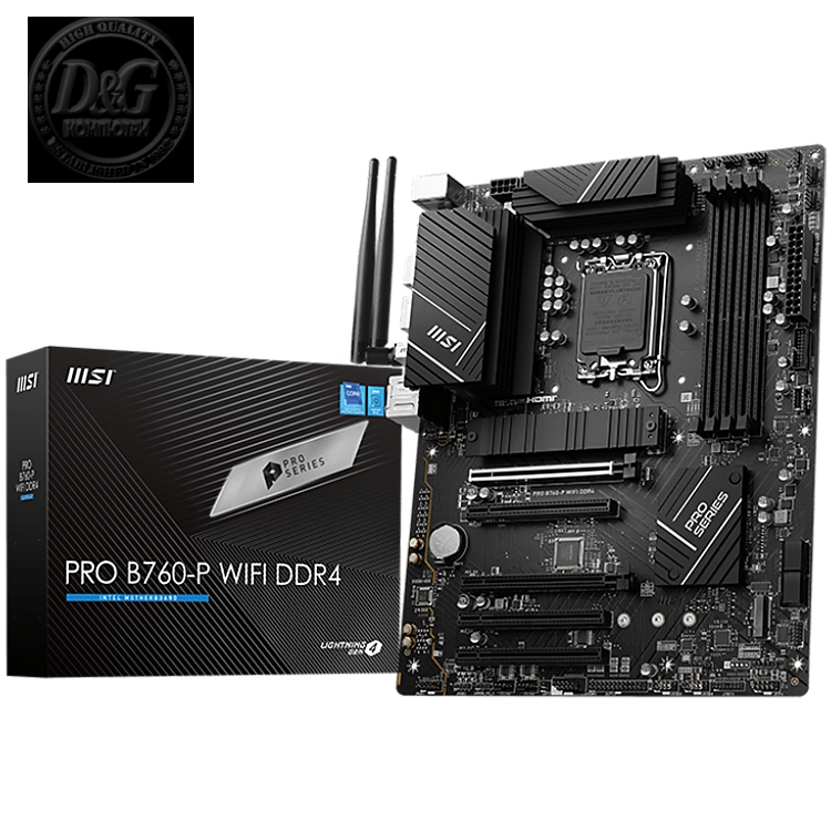 MSI PRO B760-P WIFI DDR4, ATX, Socket 1700, Dual Channel DDR4 5333(OC)MHz, 2x PCIe x16 slots, 2x M.2 slots, 1x HDMI, 1x DP, 1x USB 3.2 Gen 2x2 Type-C, 3x USB 3.2 Gen 2, 4x USB 2.0, 7.1 HD Audio, 2.5Gbps LAN, WI-FI 6E, BT, 3Y