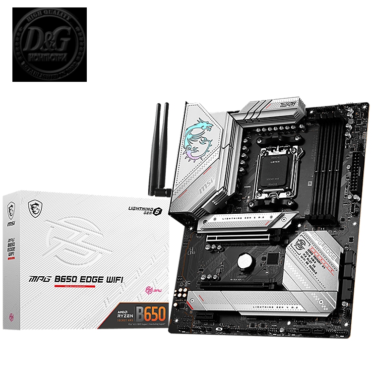 MSI Mainboard Desktop MPG B650 EDGE WIFI (AM5,4xDDR5, HDMI,DP, 1xPCI-E x16 4.0, 1xPCI-E x1, 3xM.2, 6xSATA 6G, 6xUSB2.0, 6xUSB3.2 Gen1 Type A, 3xUSB3.2 Gen2 Type A, 1xUSB3.2 Gen2 Type C, 1xUSB 3.2 Gen2x2, 2.5GLAN, AMD Wi-Fi 6E, BT5.2) ATX