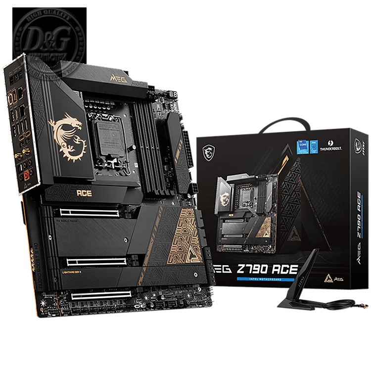 MSI MEG Z790 ACE, Socket 1700, Dual Channel DDR5 7800+MHz (OC), 3x PCIe x16 slot, 5x M.2 slot, 1x Type-C DP, 7x USB 3.2 Gen 2, 1x USB 3.2 Gen2 Type C, Thunderbolt 4, 7.1 HD Audio, 2x 2.5Gbps LAN, WIFI, BT, 3Y