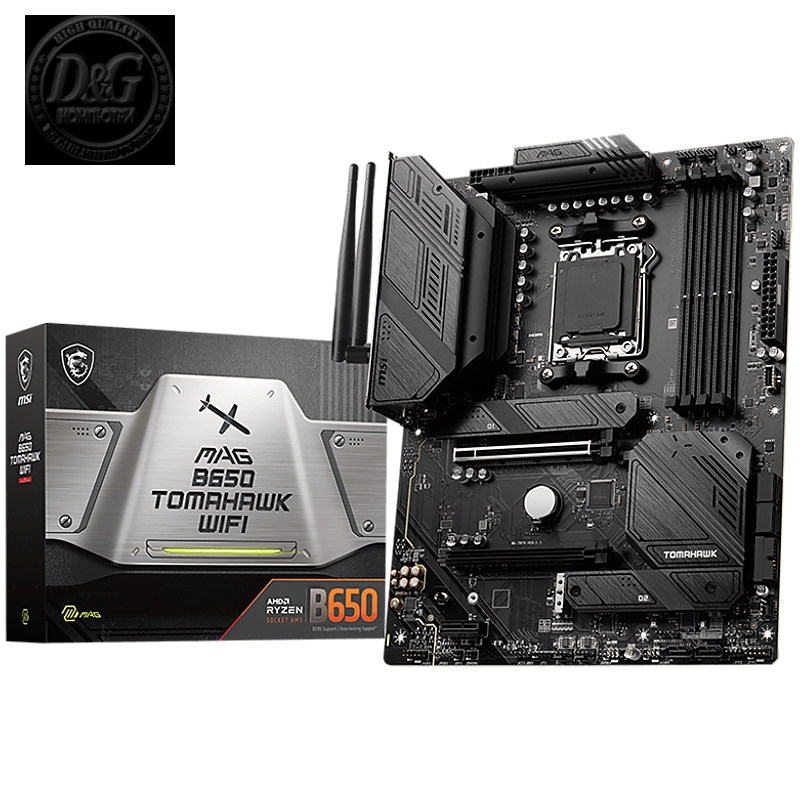 MSI Main Board Desktop MAG B650 TOMAHAWK WIFI (AM5,4x DDR5,HDMI,DP,2x PCI-E x16,1x PCI-E x1,3xM.2,6xSATA 6G,6x USB 2.0,6x USB 3.2 Gen1 Type A,3x USB 3.2 Gen2 Type A,1x USB 3.2 Gen2 Type C,1x USB 3.2 Gen2x2 Type C, 2.5GLAN,Wi-Fi 6E, BT5.2 ATX