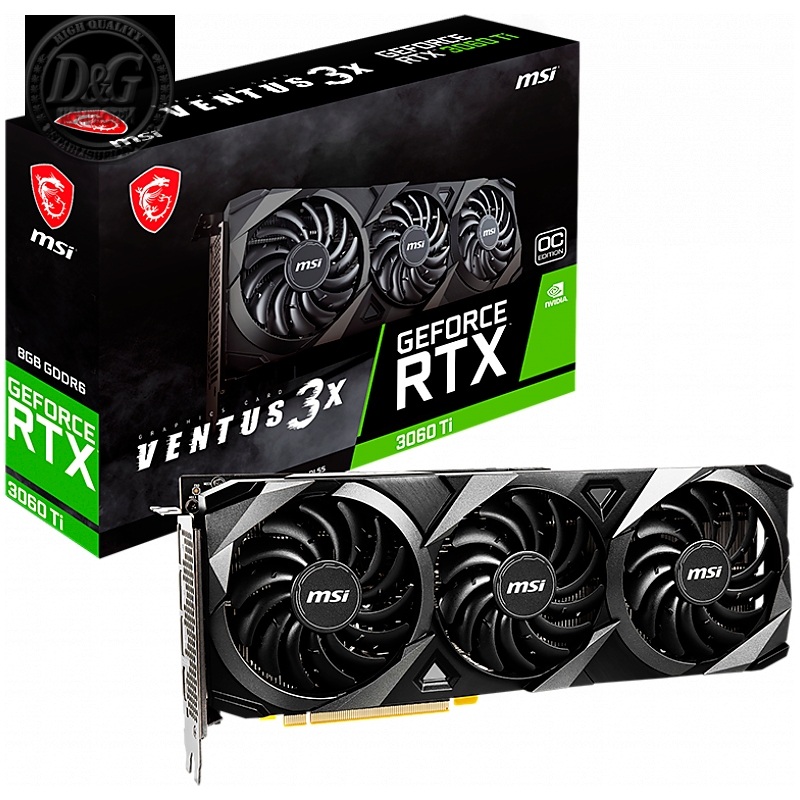 MSI Video Card Nvidia GeForce RTX 3060 Ti VENTUS 3X 8G OC LHR, 8GB GDDR6, 256-bit, 448.0 GB/s, 14000 MHz Effective Memory Clock, Boost: 1695 MHz,  4864 CUDA Cores, PCIe 4.0, 3x DP 1.4 , HDMI 2.1, RAY TRACING, 650W Recommended PSU, LHR, 3Y