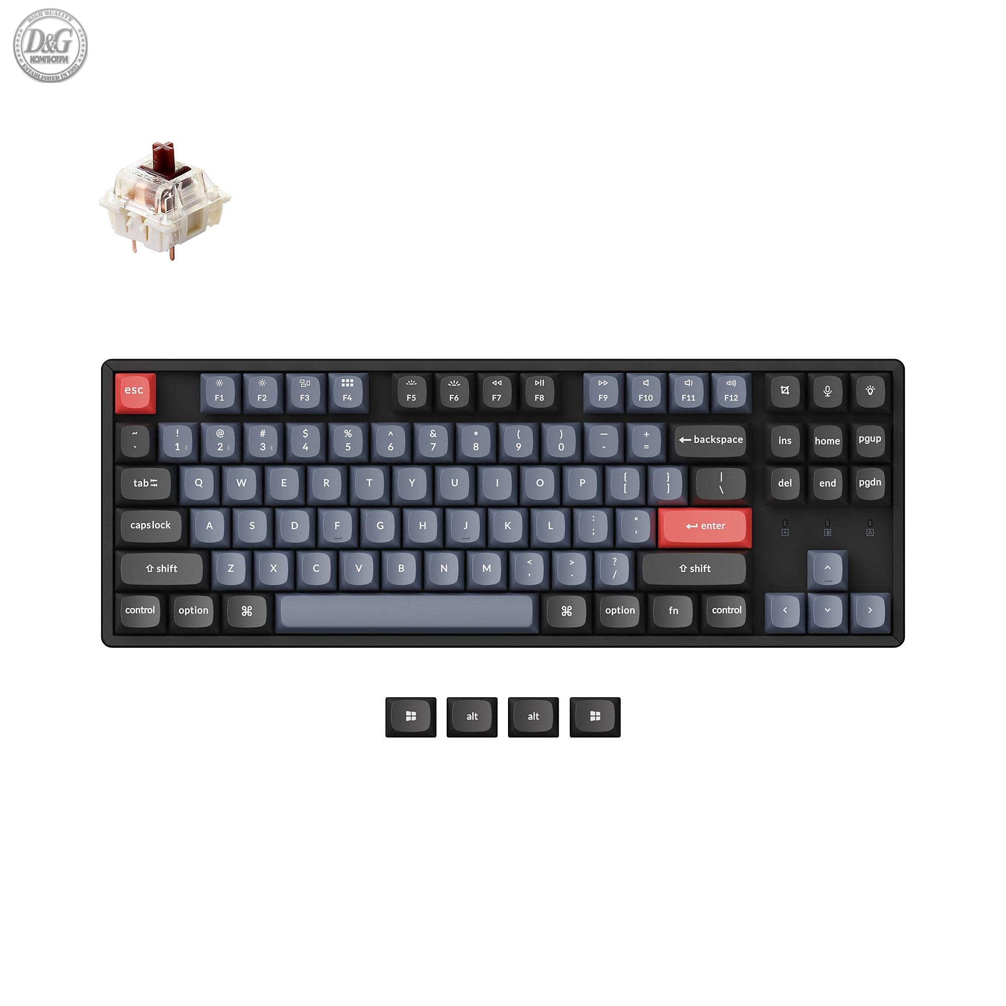 Геймърска механична клавиатура Keychron K8 Pro TKL Gateron G Pro(Hot Swappable) Brown Switch RGB Backlight Aluminium Frame