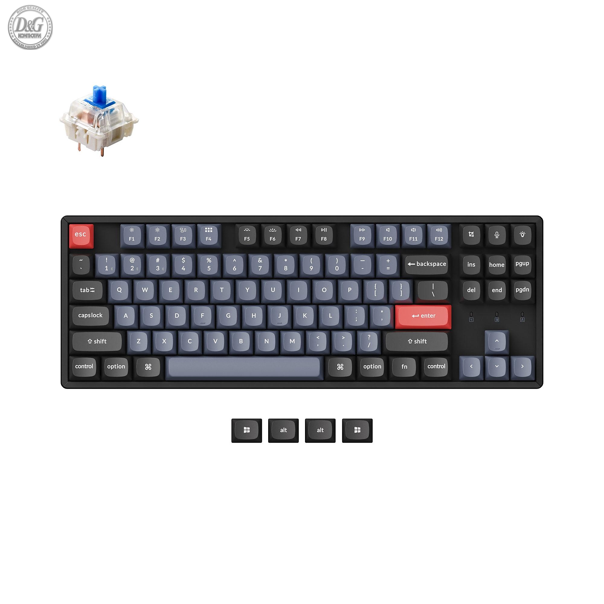 Геймърска механична клавиатура Keychron K8 Pro TKL Gateron G Pro(Hot Swappable) Blue Switch RGB Backlight Aluminium Frame