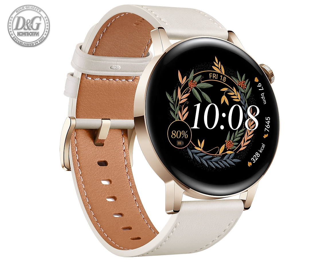 Huawei Watch GT 3 42mm, Milo-B19V,  1.32", Amoled, 466x466, PPI 356, 4GB, Bluetooth 5.2, supports BLE/BR/EDR, 5ATM, Battery 292 maAh, Light Gold, White Leather Strap