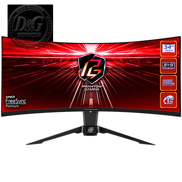 Asrock Curved Gaming Monitor, 34" WQHD(3440x1440) 1500R VA, 165 Hz, 115% sRGB, 3000:1, 550 cd/mВІ, 178Вє/178Вє, 1ms (MPRT), Flicker-free, 2x 2W Speakers, 2x HDMI 2.0, 1x DP 1.4, 1x Audio Jack (3.5mm), Wi-Fi Antenna (7 dBi), 3Y