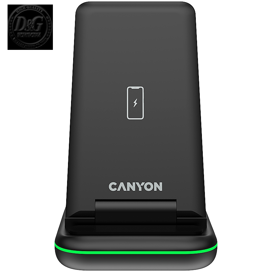 CANYON  WS- 304 Foldable  3in1 Wireless charger, with touch button for Running water light, Input 9V/2A,  12V/1.5AOutput 15W/10W/7.5W/5W, Type c to USB-A cable length 1.2m, with QC18W EU plug,132.51*75*28.58mm, 0.168Kg, Black