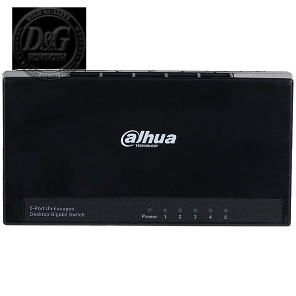 Dahua 5-Port Gigabit Ethernet Switch, L2, IEEE 802.3, IEEE 802.3u, IEEE 802.3ab, IEEE802.3x, switching capacity 10 Gbps, Packet Forwarding Rate 7.44 Mpps, Packet Buffer Memory 1.5 Mbi, MAC Table 2K, 1.6W