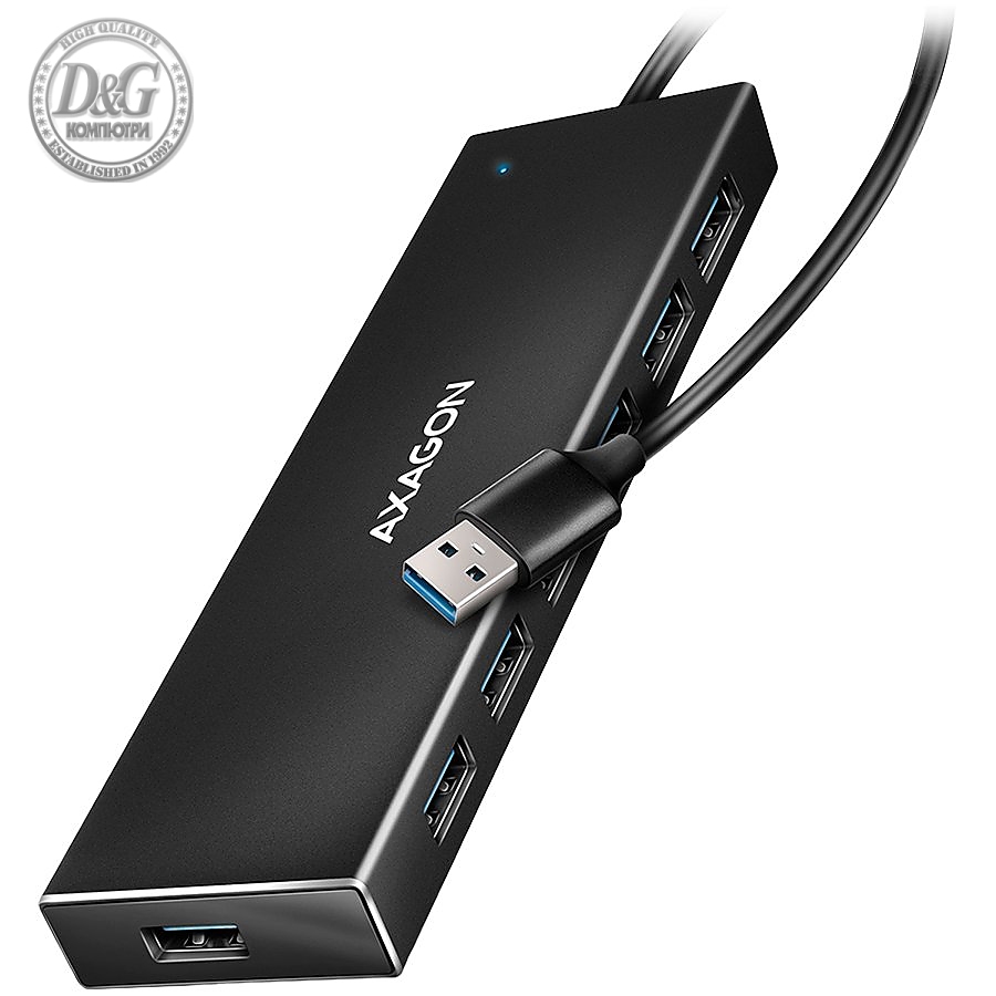 Seven-port USB 3.2 Gen 1 hub with charging support. Connector for external power supply. USB-A cable 1 m.