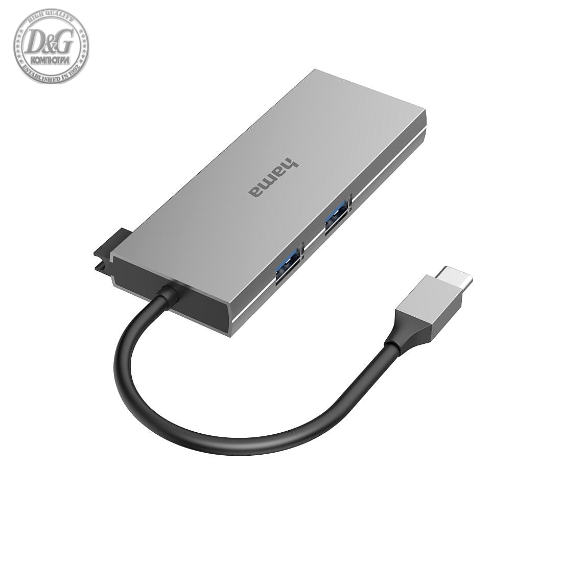 6-портов хъб USB-C HAMA Multiport, 2 x USB-A, USB-C, HDMI, SD, microSD, Сив