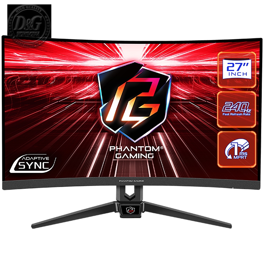 Asrock Curved Gaming Monitor, 27" FHD(1920x1080) 1500 VA, AG, 240 Hz, 113% sRGB, 16:9, 3000:1, 300 cd/mВІ, 178Вє/178Вє, 1ms (MPRT), Flicker-free, Swivel, Tiltt Adjustment, 2x 2W Speakers, 2x HDMI 2.0, 1x DP 1.2, 1x Audio Jack (3.5mm), 3Y