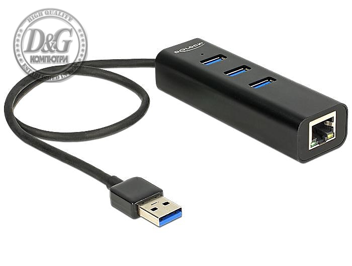 USB хъб Delock, 3 x USB 3.0 + 1 порт Gigabit LAN, Черен