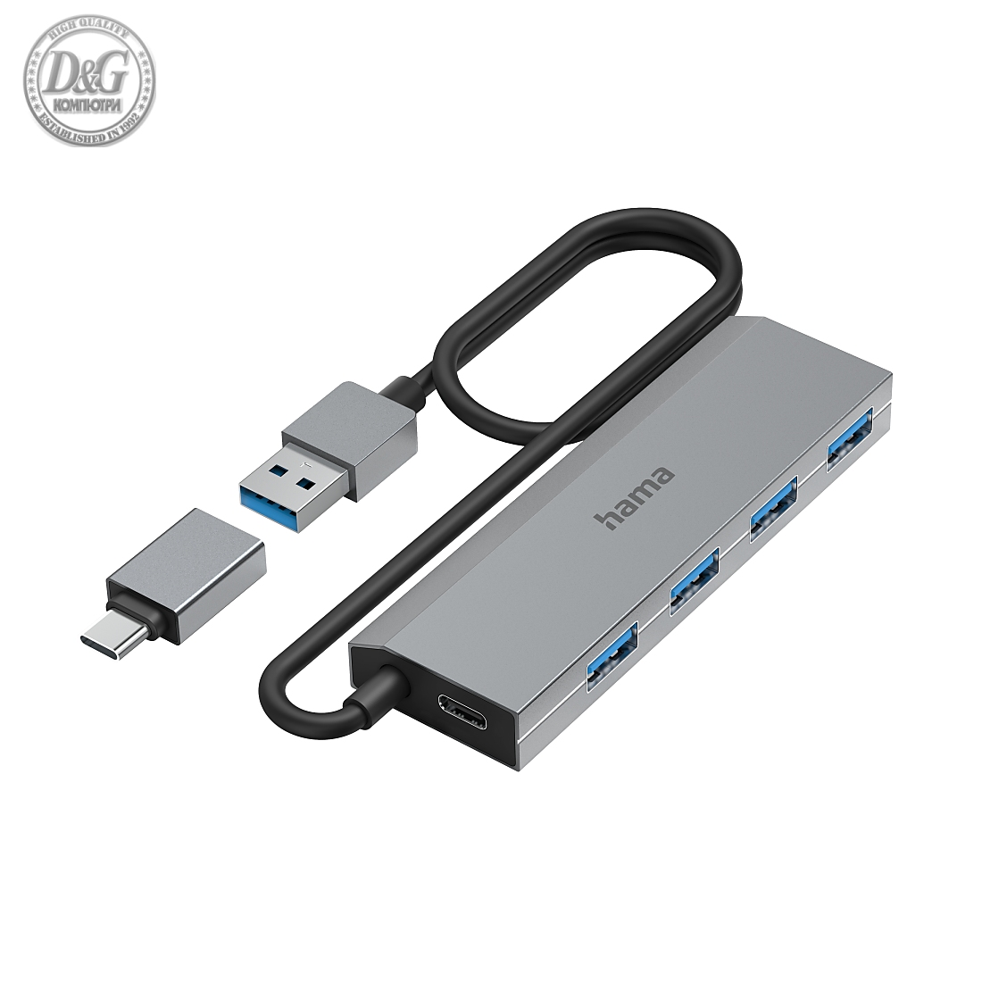 HAMA 4-портов хъб, USB 3.2 Gen 1, 5 Gbit/s, вкл. USB-C адаптер, авт. захранване