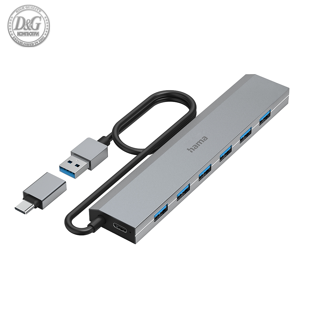 HAMA 7-портов хъб, USB 3.2 Gen 1, 5 Gbit/s, вкл. USB-C адаптер, авт.захранване