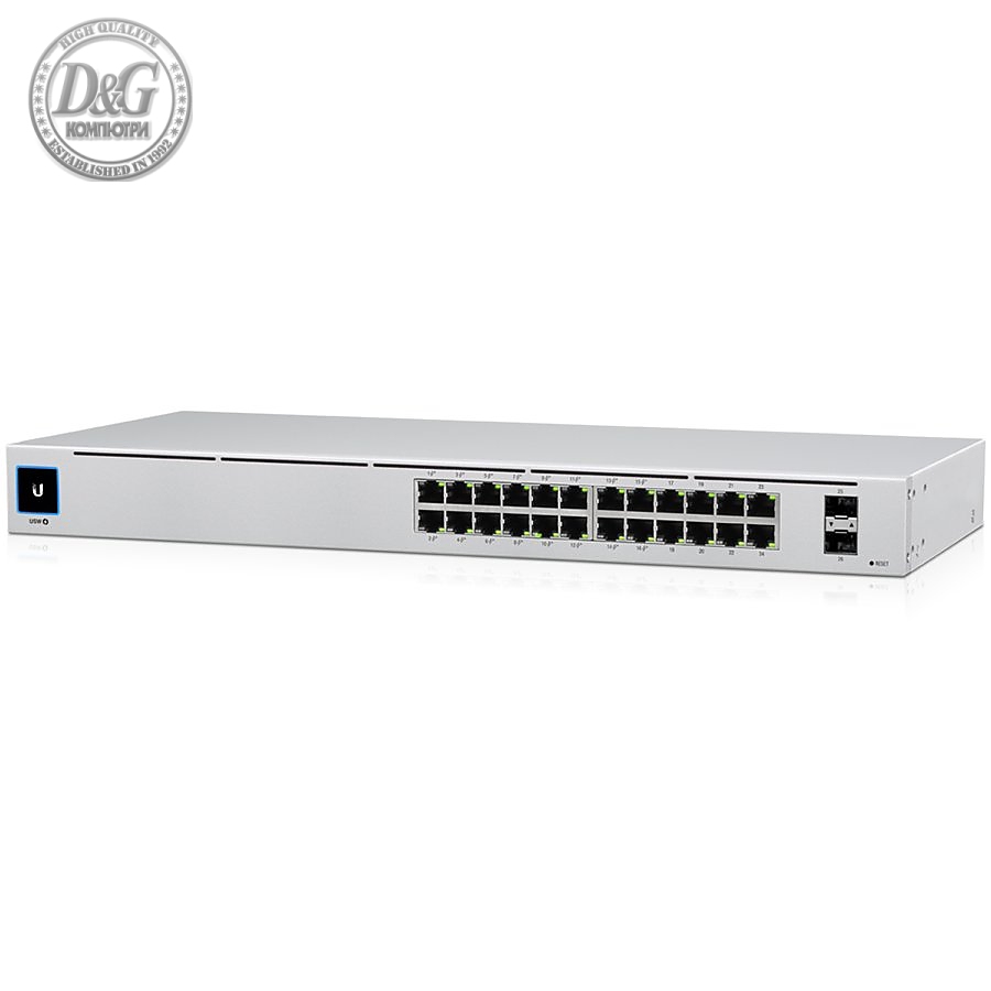 Ubiquiti USW-24-POE Gigabit Layer 2 switch with twenty-four Gigabit Ethernet ports including sixteen auto-sensing 802.3at PoE+ ports, and two SFP ports