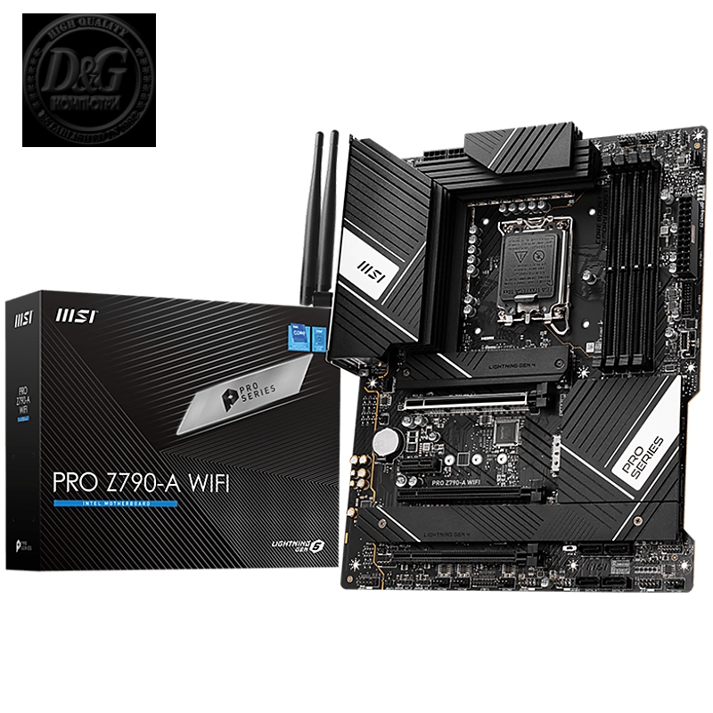 MSI Main Board Desktop PRO Z790-A WIFI (LGA 1700, 4x DDR5, HDMI, DP, 3x PCI-E x16, 1x PCI-E x1, 4x M.2, 6x USB 2.0, 4x USB 3.2 Gen1 Type A, 3x USB 3.2 Gen2 Type A, 1x USB 3.2 Gen2 Type C, 1x USB 3.2 Gen2x2 Type C, 2.5GLAN, Wi-Fi 6E, BT 5.3) ATX