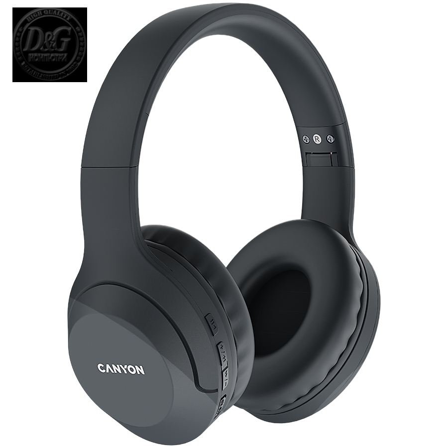 CANYON BTHS-3, Canyon Bluetooth headset,with microphone, BT V5.1 JL6956, battery 300mAh, Type-C charging plug, PU material, size:168*190*78mm, charging cable 30cm and audio cable 100cm, Dark grey