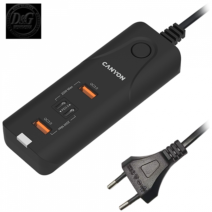 CANYON H-10, Wall charger. CNE-CHA10B Input: 100-240V~50/60Hz 1.0A Max Output1/Output2: DC USB-A QC3.0 5.0V/3.0A,9.0V/2.0A,12.0V/1.5A 18.0W(Max)USB-C PD 5.0V/3.0A,9.0V/2.22A,12.0V/1.67A 20.0W(Max)USB-A+C 5.0V/3.0A 15.0W(Max)Total Power: 40.0W