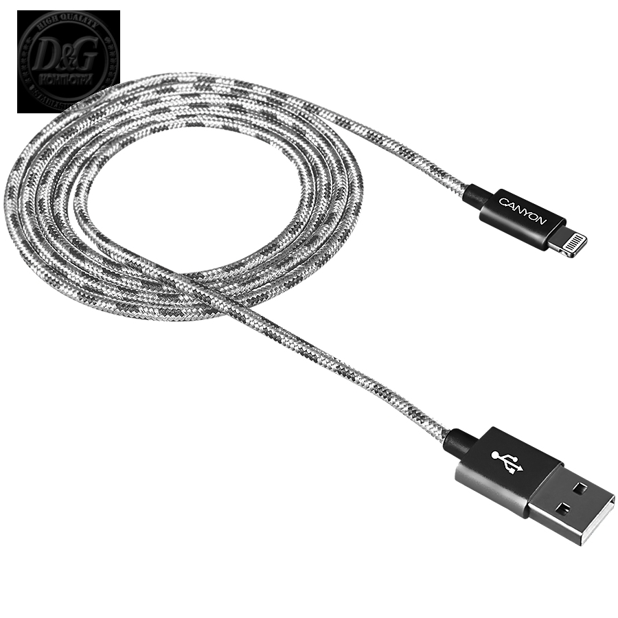 CANYON Lightning USB Cable for Apple, braided, metallic shell, 1M, Dark gray