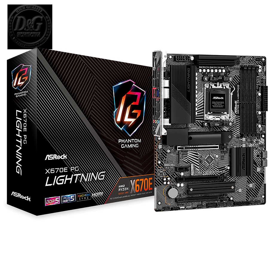 ASROCK MB Desktop X670E PG Lightning, AM5, 4x DDR5, 1x PCIe 5.0 x16, 2x PCIe 4.0 x16, 1x PCIe 4.0 x1, 4x SATA3, 1x Hyper M.2 (PCIe Gen4x4), 1x Blazing M.2(PCIe Gen5x4), 1x Ultra M.2, 7.1 CH HD Audio, 1x HDMI, 1x DisplayPort, 2.5G LAN,