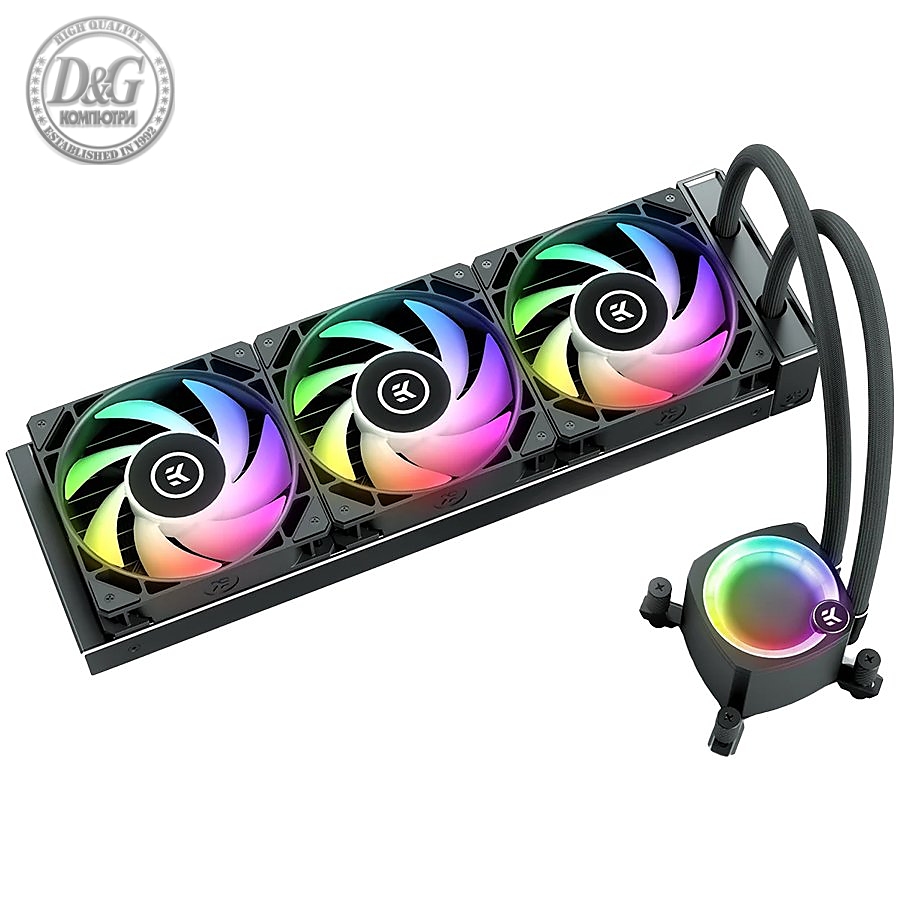 EK-Nucleus AIO CR360 Lux D-RGB, 3x EK-FPT FAN 120 D-RGB PWM fans, Rotatable ARGB Pump Top, Intel Sockets LGA: 1150, 1151, 1155, 1156, 1200, 1700, 2011, 2011-3, 2066, AMD Sockets: AM4, AM5