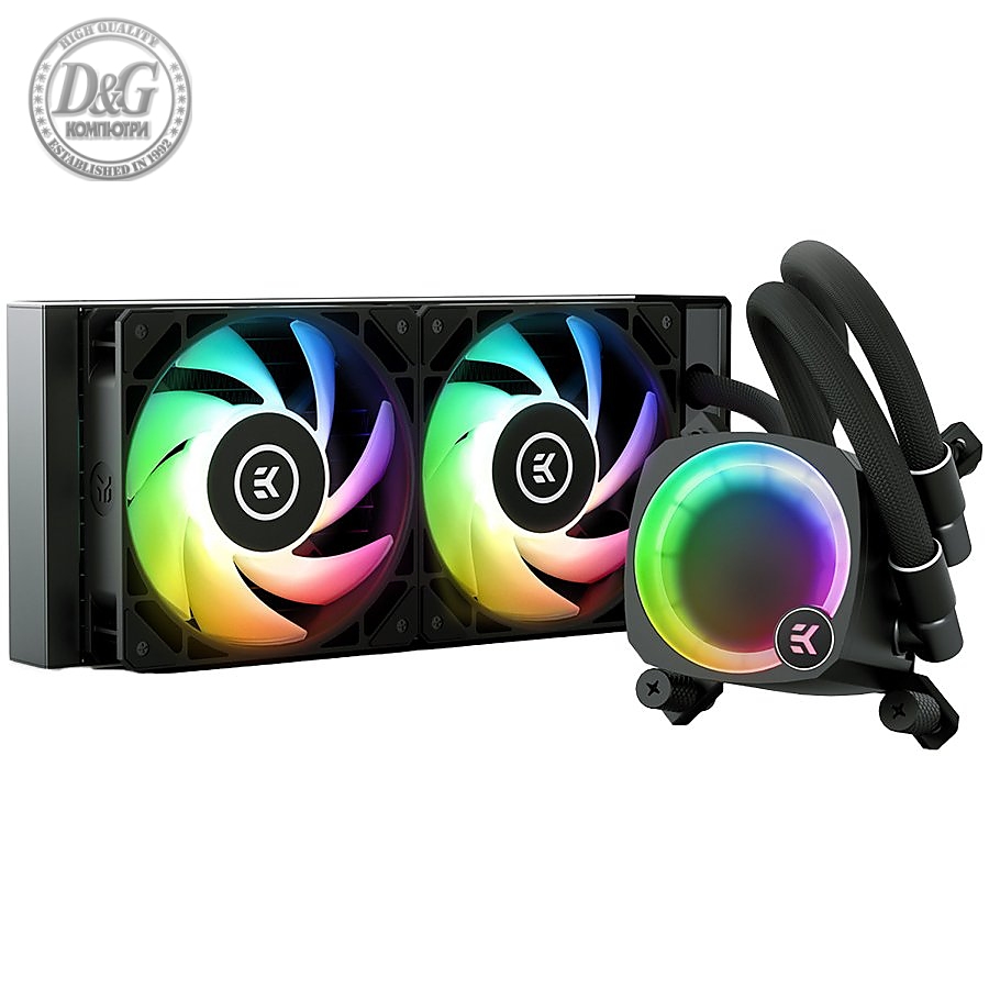 EK-Nucleus AIO CR240 Lux D-RGB, 2x EK-FPT FAN 120 D-RGB PWM fans, Rotatable ARGB Pump Top, Intel Sockets LGA: 1150, 1151, 1155, 1156, 1200, 1700, 2011, 2011-3, 2066, AMD Sockets: AM4, AM5