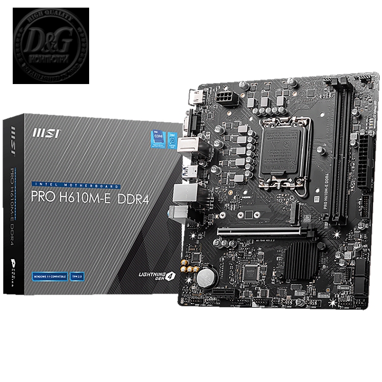 PRO H610M-E DDR4, LGA 1700, 1x PCIe 4.0 x16 slot, 2 DIMMs, Dual Channel DDR4-3200 MHz (MAX), 1x PCIe 3.0 x1 slot, 1x M.2 Gen3 x4 32Gbps slot,4x SATA 6Gbps ports