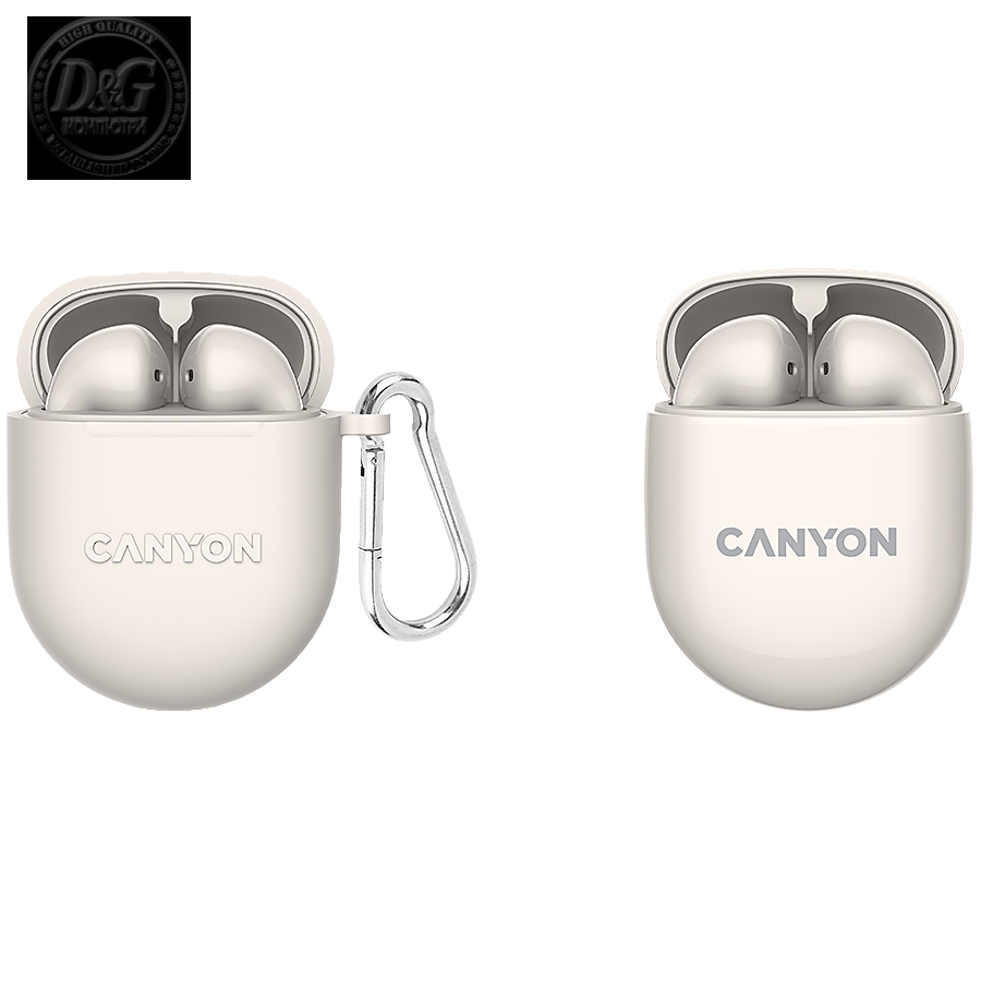 Canyon TWS-6 Bluetooth headset, with microphone, BT V5.3 JL 6976D4, Frequence Response:20Hz-20kHz, battery EarBud 30mAh*2+Charging Case 400mAh, type-C cable length 0.24m, Size: 64*48*26mm, 0.040kg, Beige