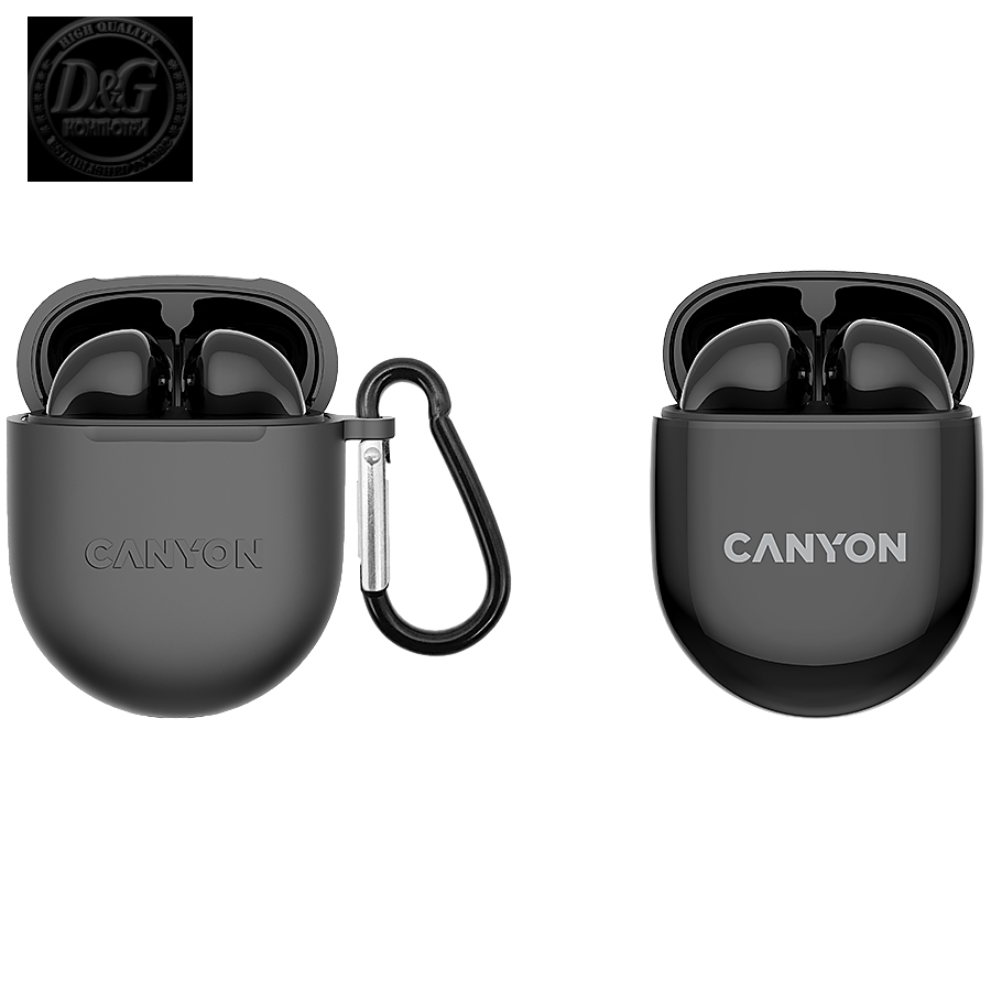 Canyon TWS-6 Bluetooth headset, with microphone, BT V5.3 JL 6976D4, Frequence Response:20Hz-20kHz, battery EarBud 30mAh*2+Charging Case 400mAh, type-C cable length 0.24m, Size: 64*48*26mm, 0.040kg, Black