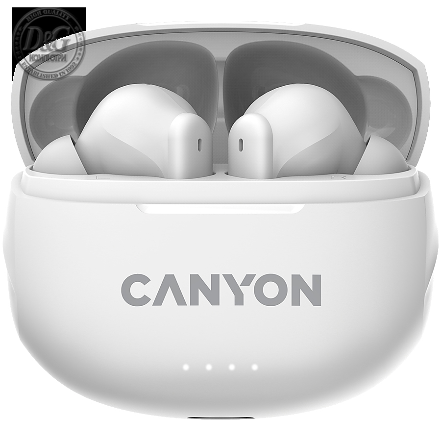 Canyon TWS-8 Bluetooth headset, with microphone, with ENC, BT V5.3 BT V5.3 JL 6976D4, Frequence Response:20Hz-20kHz, battery EarBud 40mAh*2+Charging Case 470mAh, type-C cable length 0.24m, Size: 59*48.8*25.5mm, 0.041kg, white