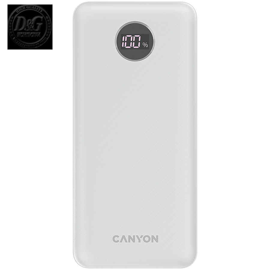 CANYON  PB-2002 Power bank 20000mAh Li-poly battery, Input Type-C 5V3A,9V2A,18W  , Output Type-Cпјљ5V3A,9V2.2A,12V1.5A,20W, Output USBA1/USBA2пјљ5V3A,5V/4.5A,4.5V/5A,9V2A,12V1.5A,22.5W147.5*69*28.6mm, 0.437g , cable  Type C, white