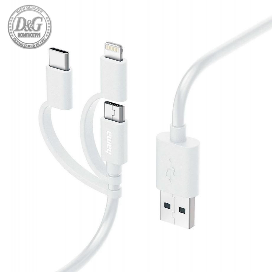 Кабел HAMA 3 в 1, USB-A - Micro-USB, USB-C и Lightning, 1.0 м., Бял