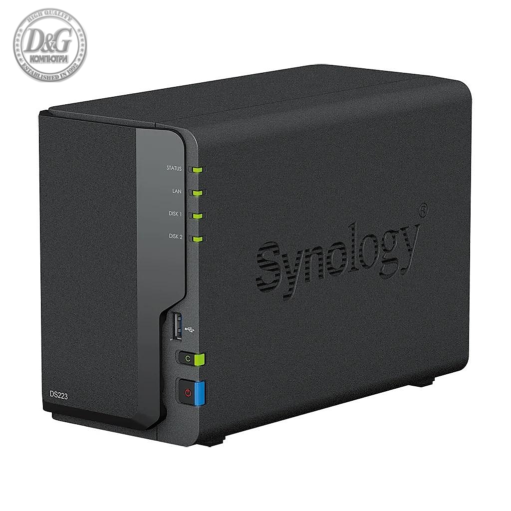 Мрежов сторидж Synology DS223, За 2 диска, До 108TB, 4GB, Гигабит, USB3.2