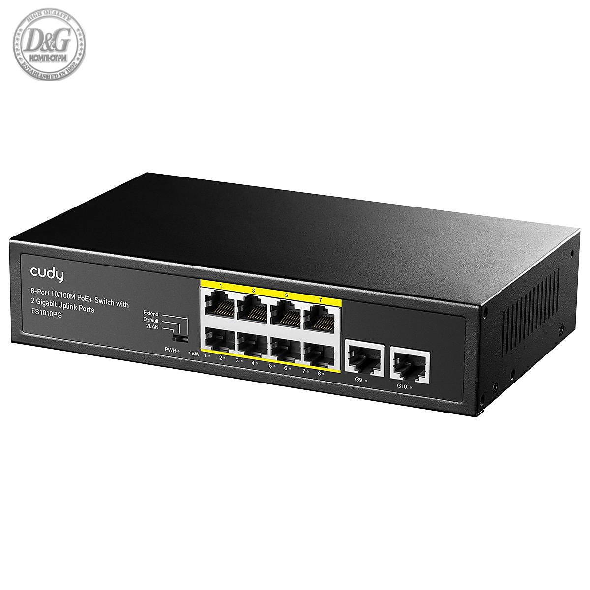 Суич Cudy FS1010PG, 8 портов, 10/100, PoE+ Switch 120W, 2 x Uplink порта