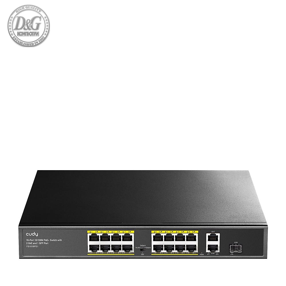 Суич Cudy FS1018PS1, 16 x 10/100 PoE+ Switch 190W, 2 x Gigabit порта, 1 x SFP Slot