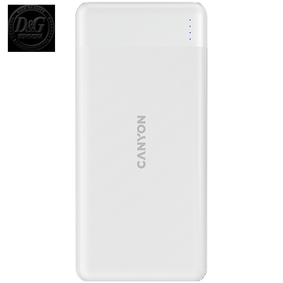 CANYON PB-109 Power bank 10000mAh Li-poly battery, Input Lightning &Type C  : 5V/2A, 9V/2A PD 18W(Max), Output Type C 5V/3A,9V/2.2A,12V/1.5A 20W,  Output USB A:5V3A,9V2A,12V1.5A,18W quick charging cable 0.3m, 144*68*16mm, 0.24kg, White