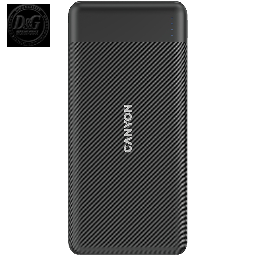 CANYON PB-109 Power bank 10000mAh Li-poly battery, Input Lightning &Type C  : 5V/2A, 9V/2A PD 18W(Max), Output Type C 5V/3A,9V/2.2A,12V/1.5A 20W,  Output USB A:5V3A,9V2A,12V1.5A,18W quick charging cable 0.3m, 144*68*16mm, 0.24kg, Black