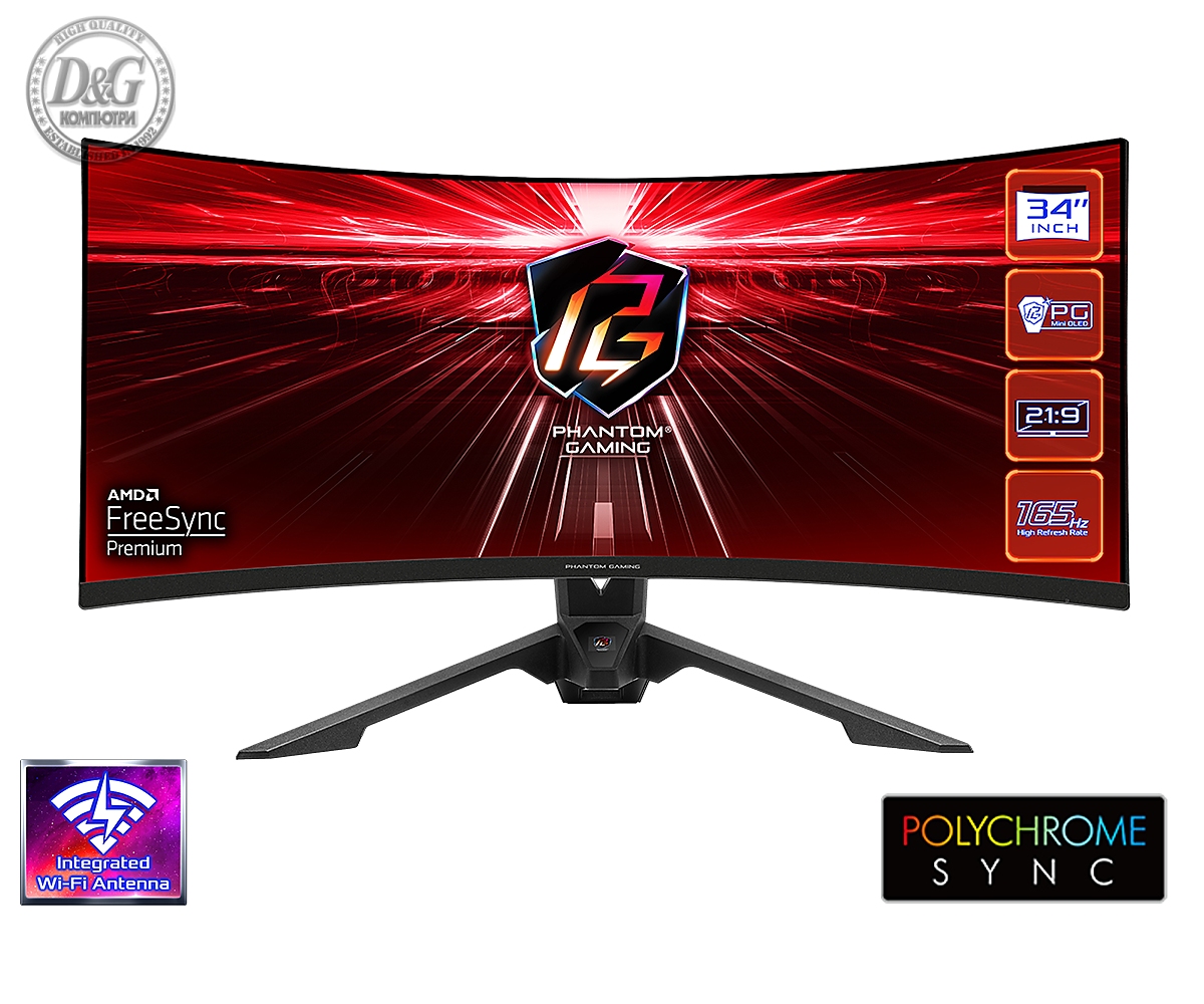 Геймърски Монитор ASRock PG34WQ15R3A, 34&quot; UHD (3440 x 1440) VA 1500 Curved, 165Hz, 1ms, HDMI, DisplayPort AMD FreeSync WiFi