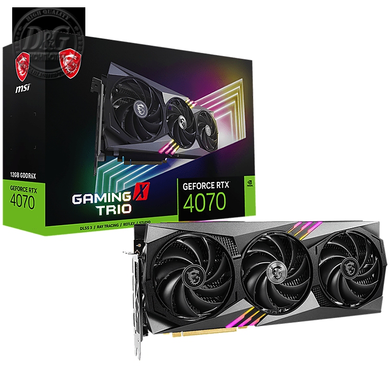 MSI Video Card Nvidia GeForce RTX 4070 GAMING X TRIO 12G, 12GB GDDR6X, 192bit, Effective Memory Clock: 21000MHz, Boost: 2625 MHz, 5888 CUDA Cores, PCIe 4.0, 3x DP 1.4a, HDMI 2.1a, RAY TRACING, Triple Fan, 1x 16pin, 650W Recommended PSU, 3Y