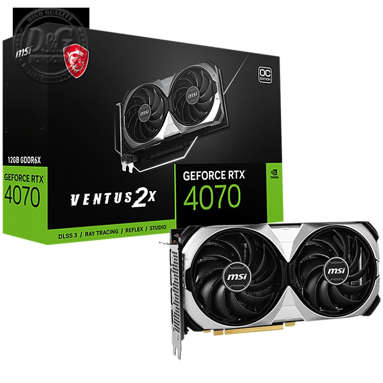 MSI Video Card Nvidia GeForce RTX 4070 VENTUS 2X 12G OC, 12GB GDDR6X, 192bit, Effective Memory Clock: 21000MHz, Boost: 2520 MHz, 5888 CUDA Cores, PCIe 4.0, 3x DP 1.4a, HDMI 2.1a, RAY TRACING, Dual Fan, 1x8pin, 650W Recommended PSU, 3Y