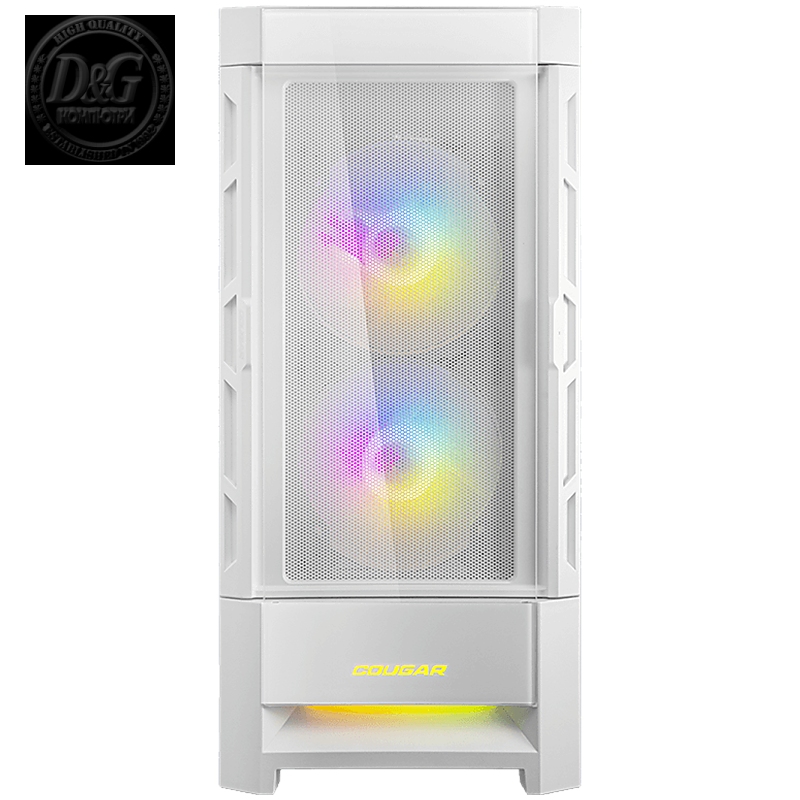 COUGAR DUOFACE RGB (White), Mid Tower, Tempered Glass + Mesh Front Panels, 3x 140 ARGB Fans, RGB Button, 4mm Tempered Glass, Mini ITX / Micro ATX / ATX, USB 3.0 x 2, USB 2.0 x 1, Mic + Audio x 1