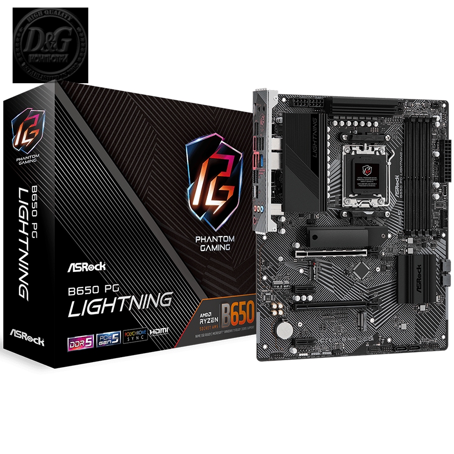 ASROCK MB Desktop B650 PG Lightning, AM5, 4x DDR5, 1x PCIe 4.0 x16, 2x PCIe 4.0 x1, 1x Blazing M.2(PCIe Gen5x4), 1x Hyper M.2(PCIe Gen4x4), 1x M.2, 4x SATA3 6.0 Gb/s, 7.1 CH HD Audio, 1x HDMI, 2.5G LAN, 9x USB 3.2, 2x USB-C, 8x USB 2.0