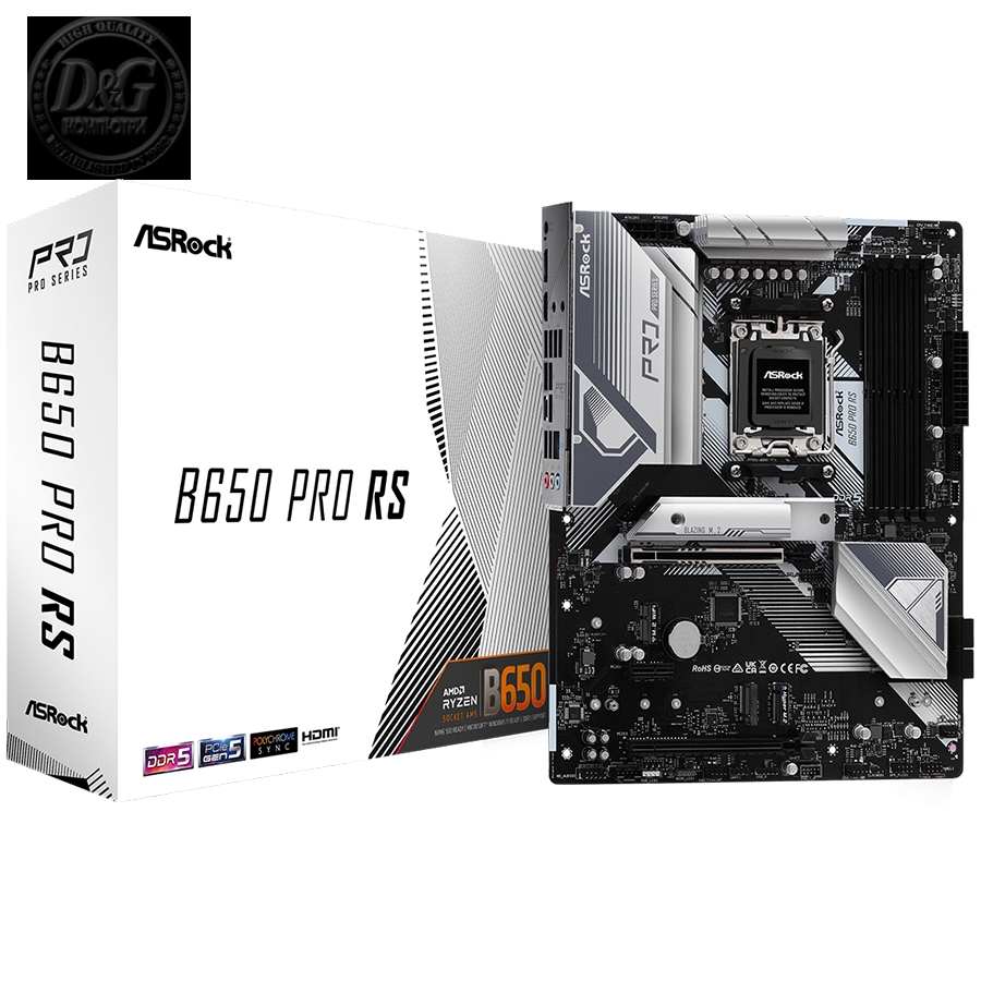 ASROCK MB Desktop B650 PRO RS, AM5, 4x DDR5, 1x PCIe 4.0 x16, 1x PCIe 3.0 x16, 1x Blazing M.2(PCIe Gen5x4), 1x Hyper M.2(PCIe Gen4x4), 1x M.2, 4x SATA3 6.0 Gb/s, 7.1 CH HD Audio, 1x HDMI, 1x DisplayPort, 2.5G LAN, 7x USB 3.2, 9x USB 2.0