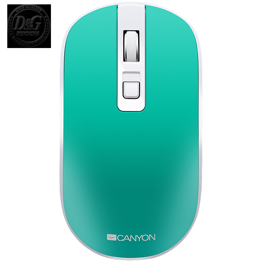 CANYON MW-18, 2.4GHz Wireless Rechargeable Mouse with Pixart sensor, 4keys, Silent switch for right/left keys,Add NTC DPI: 800/1200/1600, Max. usage 50 hours for one time full charged, 300mAh Li-poly battery,, Aquamarine, cable length 0.56m, 116.4*63.3*32