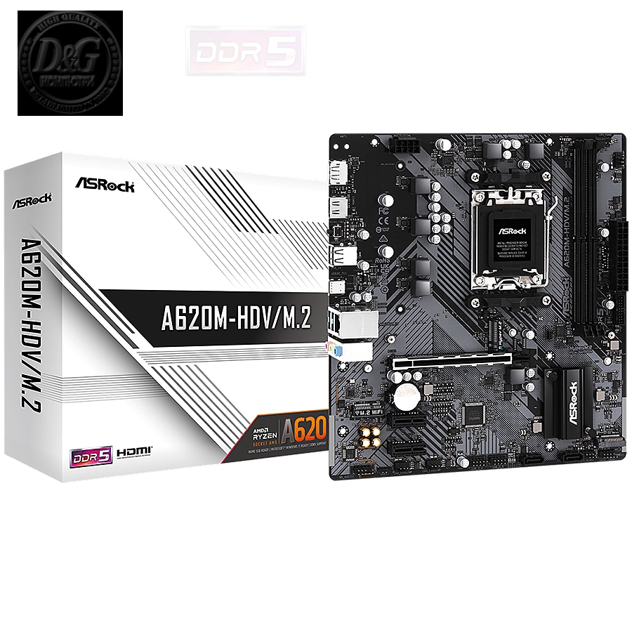 ASROCK MB Desktop A620M-HDV/M2, AM5, 2x DDR5, 1x PCIe 4.0 x16, 2x PCIe 3.0 x1, 1x Hyper M.2(PCIe Gen4x4), 2x SATA3 6.0 Gb/s, 1x HDMI, 1x DisplayPort, 1x Gbit LAN, 5x USB 3.2, 6x USB 2.0, 1x USB-C, Micro ATX