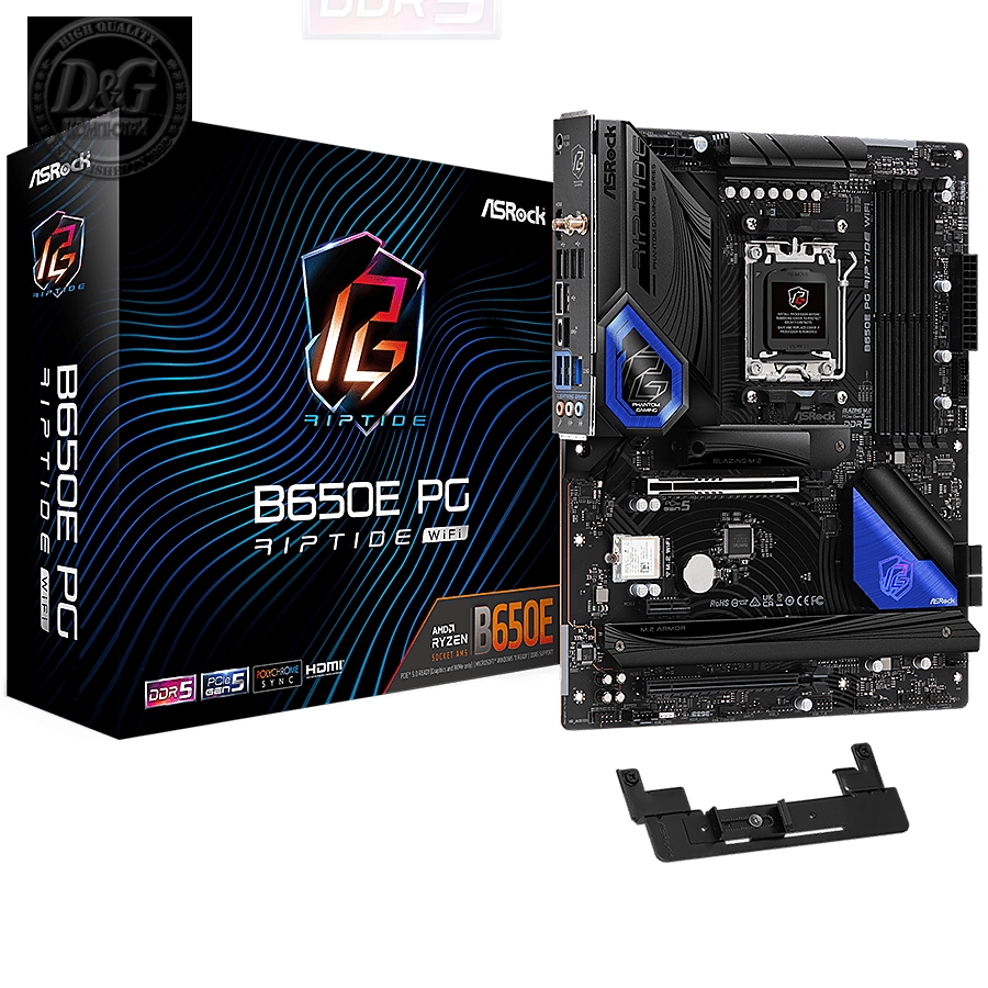 ASROCK MB Desktop B650E PG Riptide Wi Fi, AM5, 4x DDR5, 1x PCIe 5.0 x16, 1x PCIe 3.0 x16, 1x PCIe 4.0 x1, 1x Blazing M.2, 1x Hyper M.2, 1x M.2, 4x SATA3 6.0 Gb/s, 7.1 CH HD Audio, 1x HDMI, 2.5G LAN, 1x USB-C, 6x USB 3.2, 9x USB 2.0