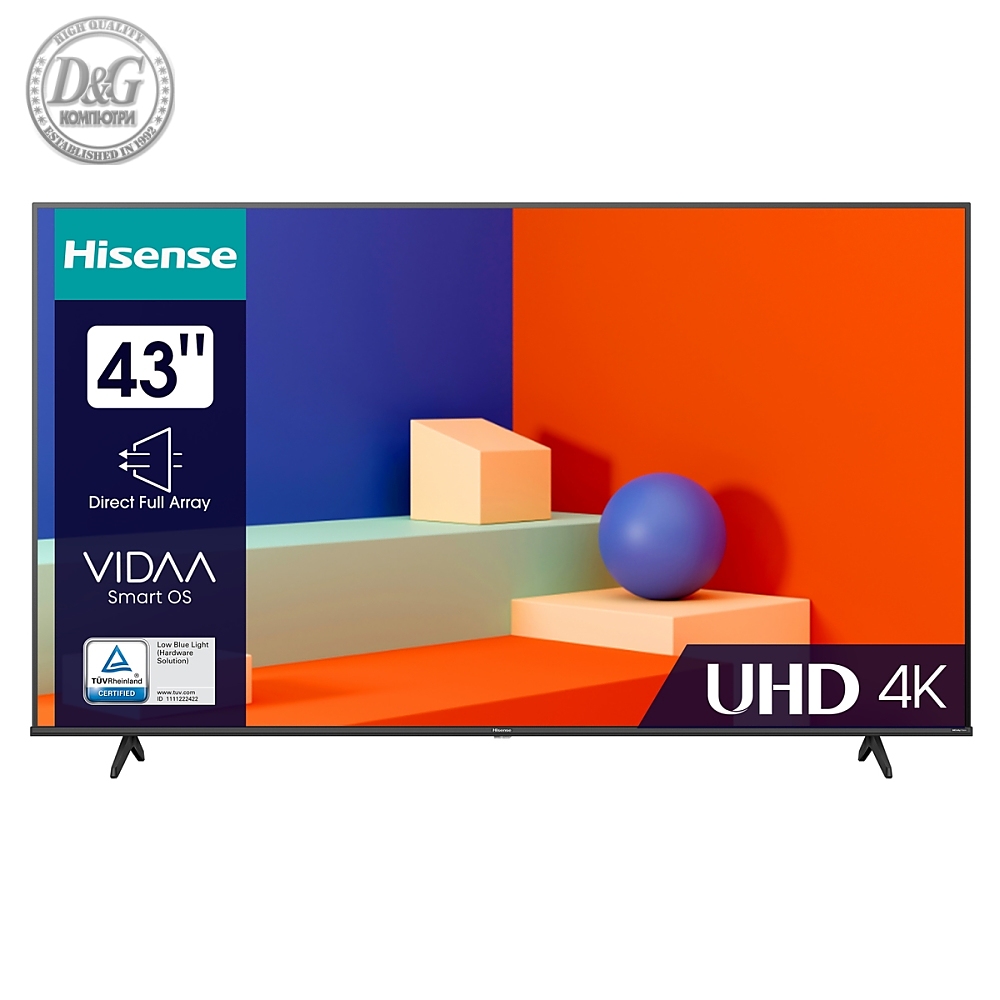 Hisense 43" A6K, 4K Ultra HD 3840x2160, DLED, DFA, Precision Colour, HDR 10+, HLG, Dolby Vision, DTS Virtual X, Smart TV, WiFi, BT, AnyView Cast, Gaming Mode, 1xHDMI2 eArc, 2xHDMI, 2xUSB, LAN, CI+, DVB-T2/C/S2, Black