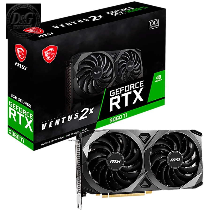 MSI Video Card Nvidia RTX 3060 Ti VENTUS 2X 8GD6X OC, 8GB GDDR6X, 256-bit, 19GBps, Boost: 1695 MHz, 4864 CUDA Cores, PCIe 4.0, 3x DP 1.4a, HDMI 2.1, RAY TRACING, Dual Fan, 600W Recommended PSU, 3Y